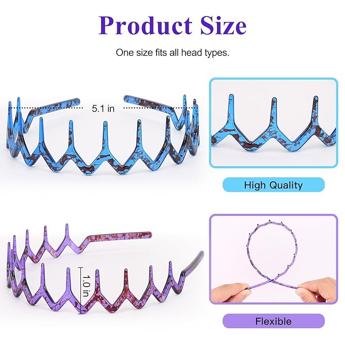 5 Pcs Plastic Zigzag Headbands for Women - Hair Bands for Women Hair Accessories, Non Slip Wave Shape, Purple, Red, Brown, Green, Blue