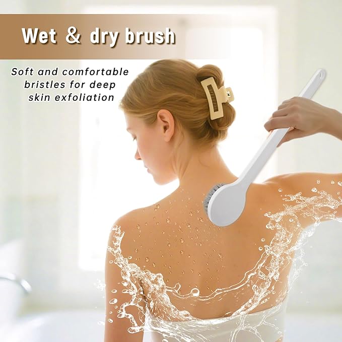 New Upgrade Shower Brush with Soft Nylon Bristles, Long Handle Shower Bath Brush, Back Scrubber for Shower, Body Exfoliator for Wet or Dry Brushing