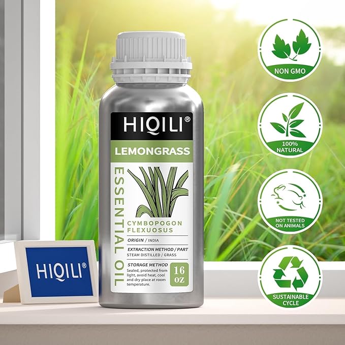 HIQILI Lemongrass Essential Oil for DIY Spray, Body Oil, Soap