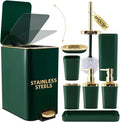 XLHOMO Bathroom Set Bathroom Accessories Set 8 Piece Green and Gold Bathroom Set, Bathroom Sets with Stainless Steel Trash Can,Toilet Brush,Toothbrush Set,Soap Dispenser