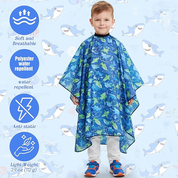 Hair Cutting Cape Kids, Adjustable Snap Barber Hair Cutting Cape Kids with Cute Shark Print, Full Coverage Barber Capes For Kid for Home Haircutting and Professional Salon