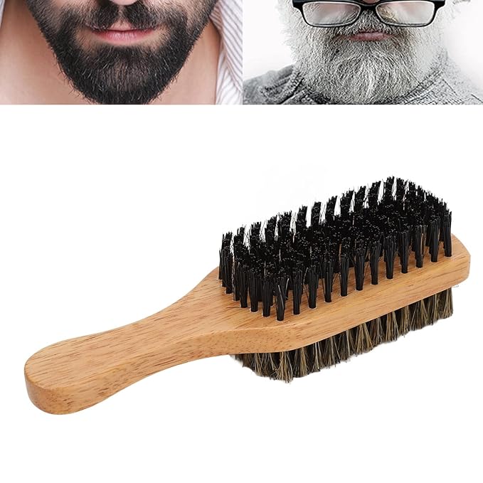 Brrnoo Double Sided Beard Brush, Imitation Bristle with Rubber Wood Handle for Men, Mustache Brush, Beard Grooming Tool - Brown