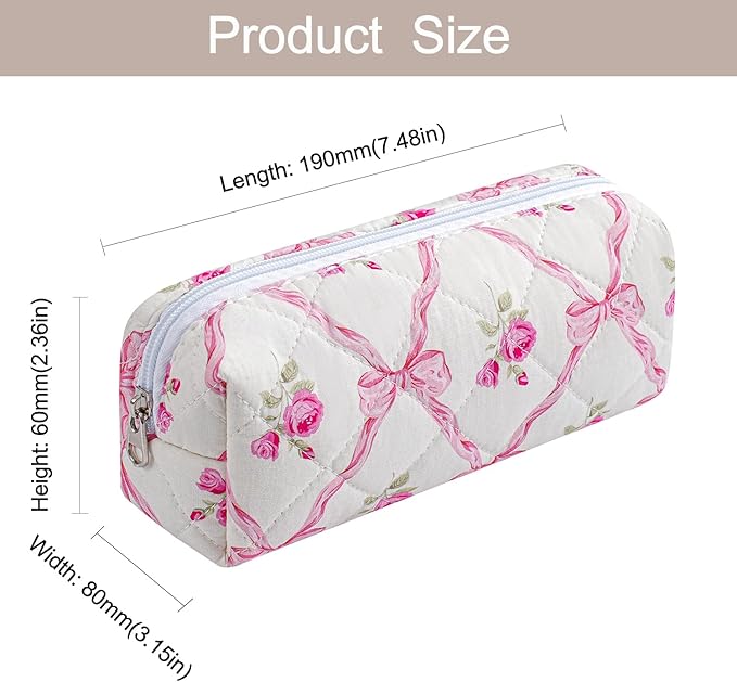 WHHJM Cute Floral Makeup Brush Bag Small Cotton Quilted Cosmetic Bag for Women Travel Toiletry Zipper Make Up Pouch (Pink Bowknot Rose)