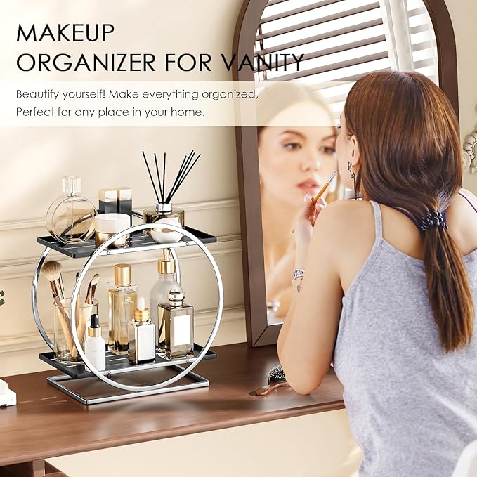 YIWANFW Bathroom Counter Organizer, Silver Black Perfume Organizer for Dresser, 2-Tier Bathroom Organizers and Storage, Exquisite Makeup Organizer Countertop Vanity Tray for Perfume Cosmetic Skincare