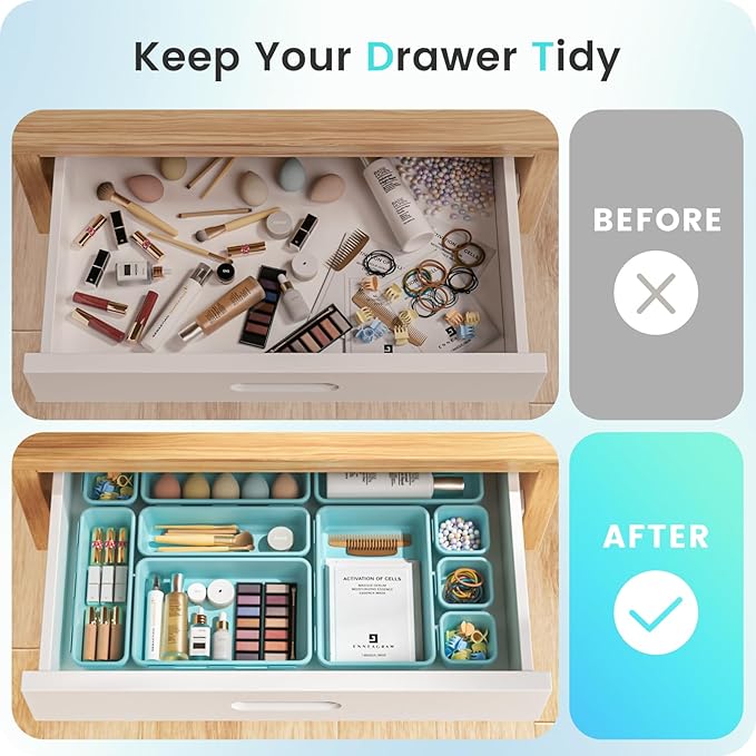 【Military Grade】A-LuGei Drawer Organizer,【𝟱𝗦𝗶𝘇𝗲】Makeup organizer,【Holds 177 Items】Bathroom Organizers and Storage,Organization and Storage,Desk Drawer Organizer for Vanity【Blue】