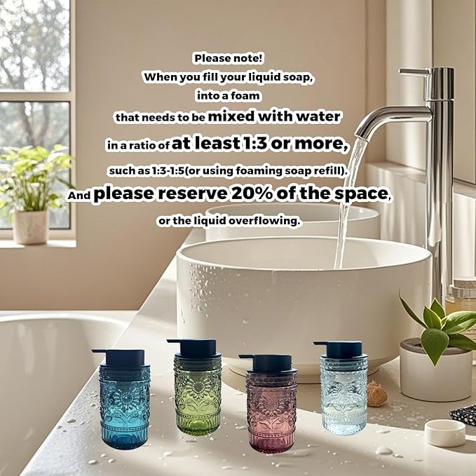 Foaming Hand Soap Dispenser,Vintage Glass Soap and Lotion Dispenser for Bathroom,Kitchen Dish Soap Dispenser with Silver Foam Pump,Cute Farmhouse Antique Decor (Green+Foam Pump)
