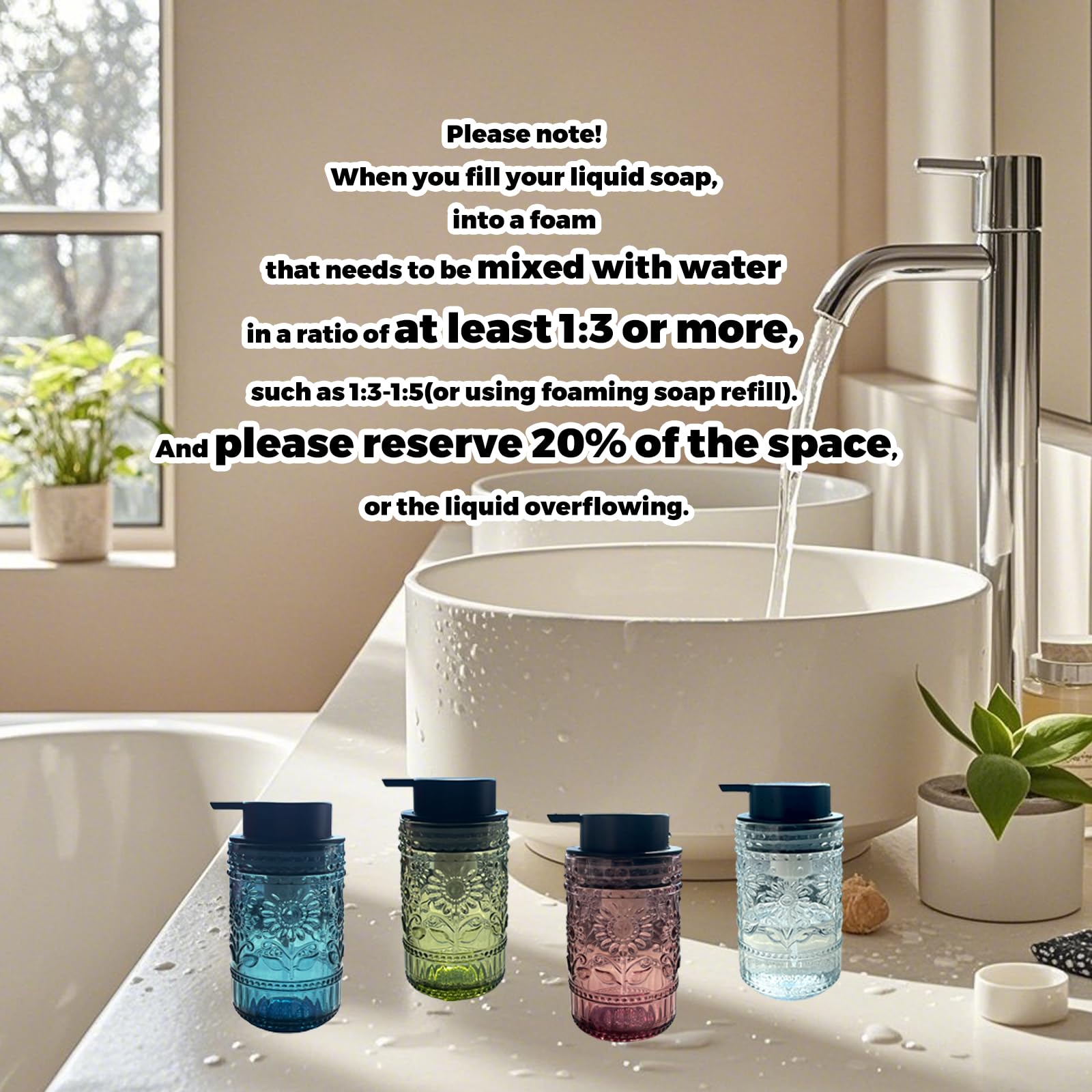 Birugen Foaming Hand Soap Dispenser,Vintage Glass Soap and Lotion Dispenser for Bathroom,Kitchen Dish Soap Dispenser with Silver Foam Pump,Cute Farmhouse Antique Decor (Blue+Foam Pump)