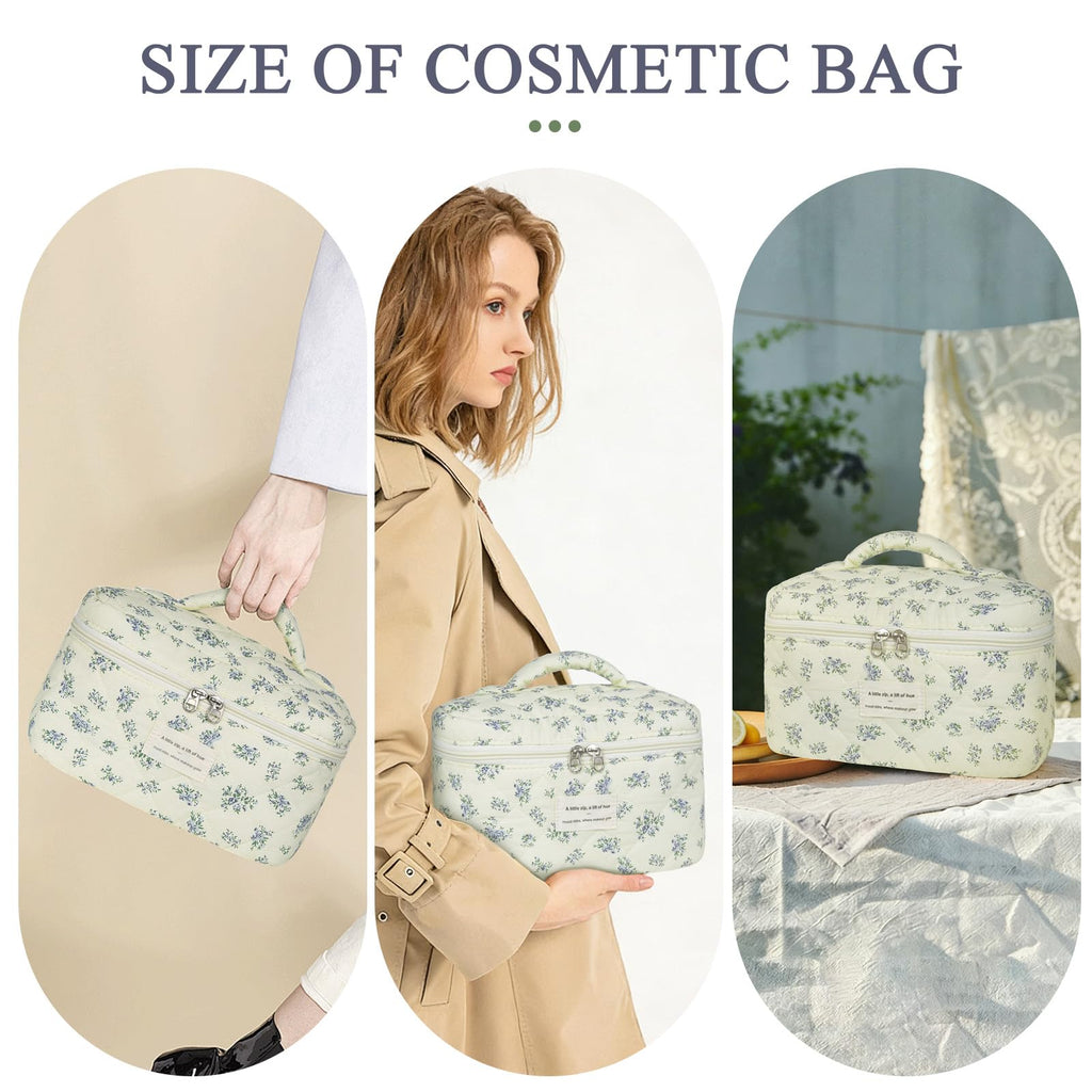 Gosect Large Travel Quilted Makeup Bag for Women,Big Floral Cotton Cosmetic Bag, Cute Coquette Aesthetic Floral Toiletry Organizer Bag (Blue Flower)