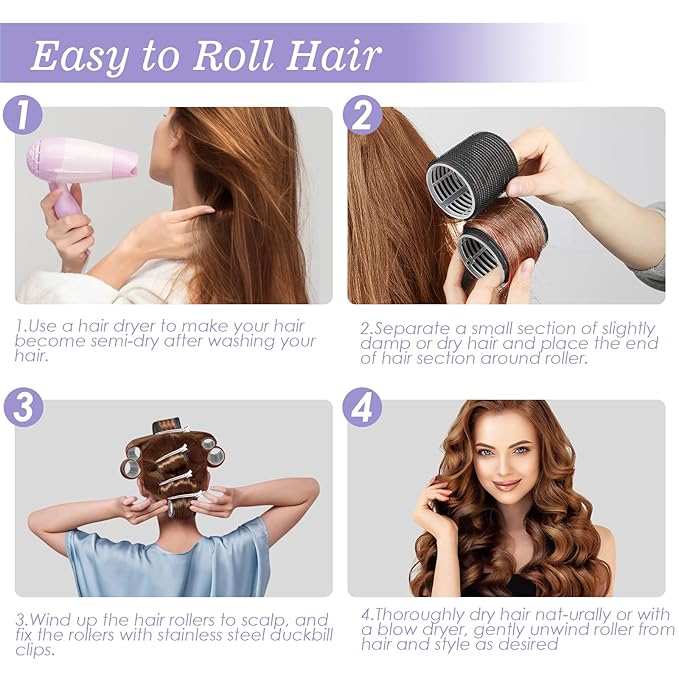 6Pcs 64mm Jumbo Hair Rollers & 6Pcs 55mm Large Hair Rollers, Large Rollers for Long Hair, Women with 12 Hair Clips, Storage Bag -Black