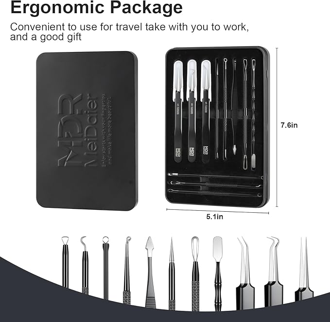 Meidaier 11Pcs Blackhead Remover Kit, Stainless Steel Acne Comedone Extractor with 10X Magnifying Glass & 20 75% Alcohol Pads, Pimple Whitehead Blemish Removal, Anti-Slip Handle & Storage Box