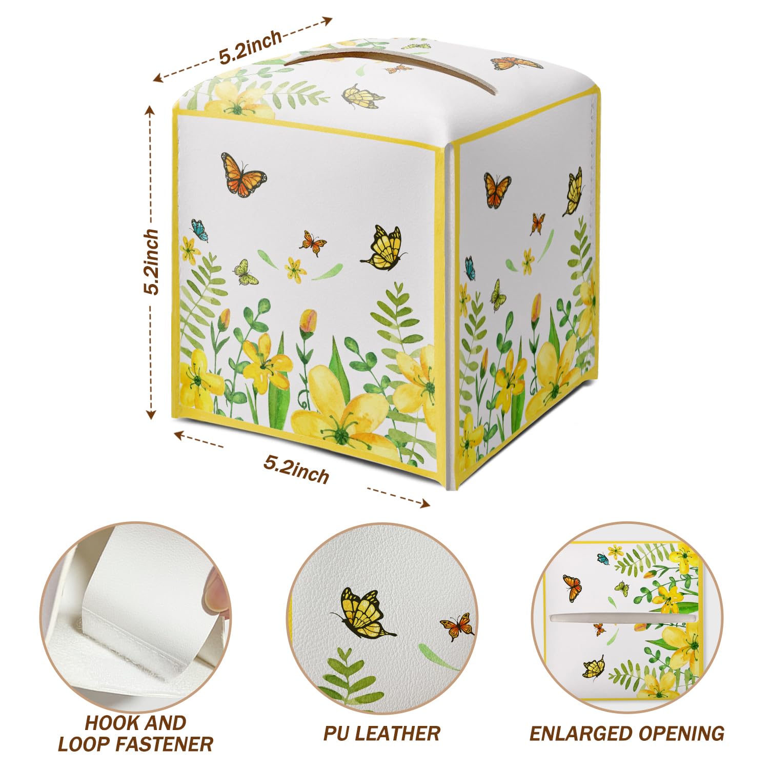 Yellow Floral Butterfly Tissue Box Cover Square with Bottom Belt, Leather Waterproof Tissue Holder Facial Paper Case for Tabletop Home Office Bathroom Car Decor -06