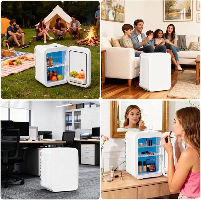 JrostKault Mini Fridge for Bedroom - 10 Liter/15 Can Portable Refrigerator for Dorm, Office, Car - Quiet Cooler & Warmer for Food, Drinks, Makeup & Skincare - AC/DC Power Supply