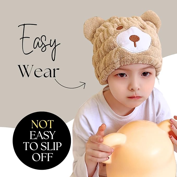 LCBD Microfiber Hair Towel Wrap for Kids, Brown Bear Dry Hair Cap Suck Water, Absorbent Quick Girls Boys Hair Drying Towel, Lightweight Bouncy Hat Headscarf for Wet Hair