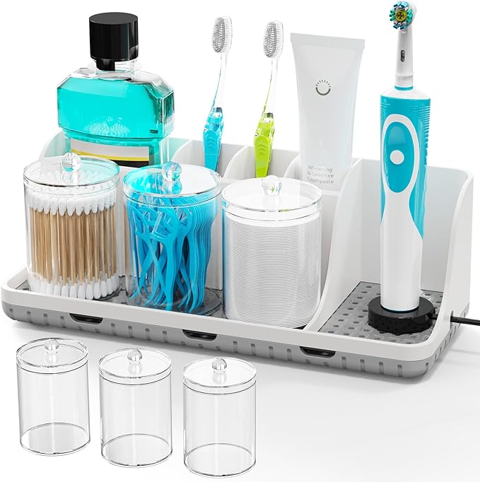 Bathrooms Toothbrush Holder Set with 3 PCS Qtip Holder (Wood Grain)