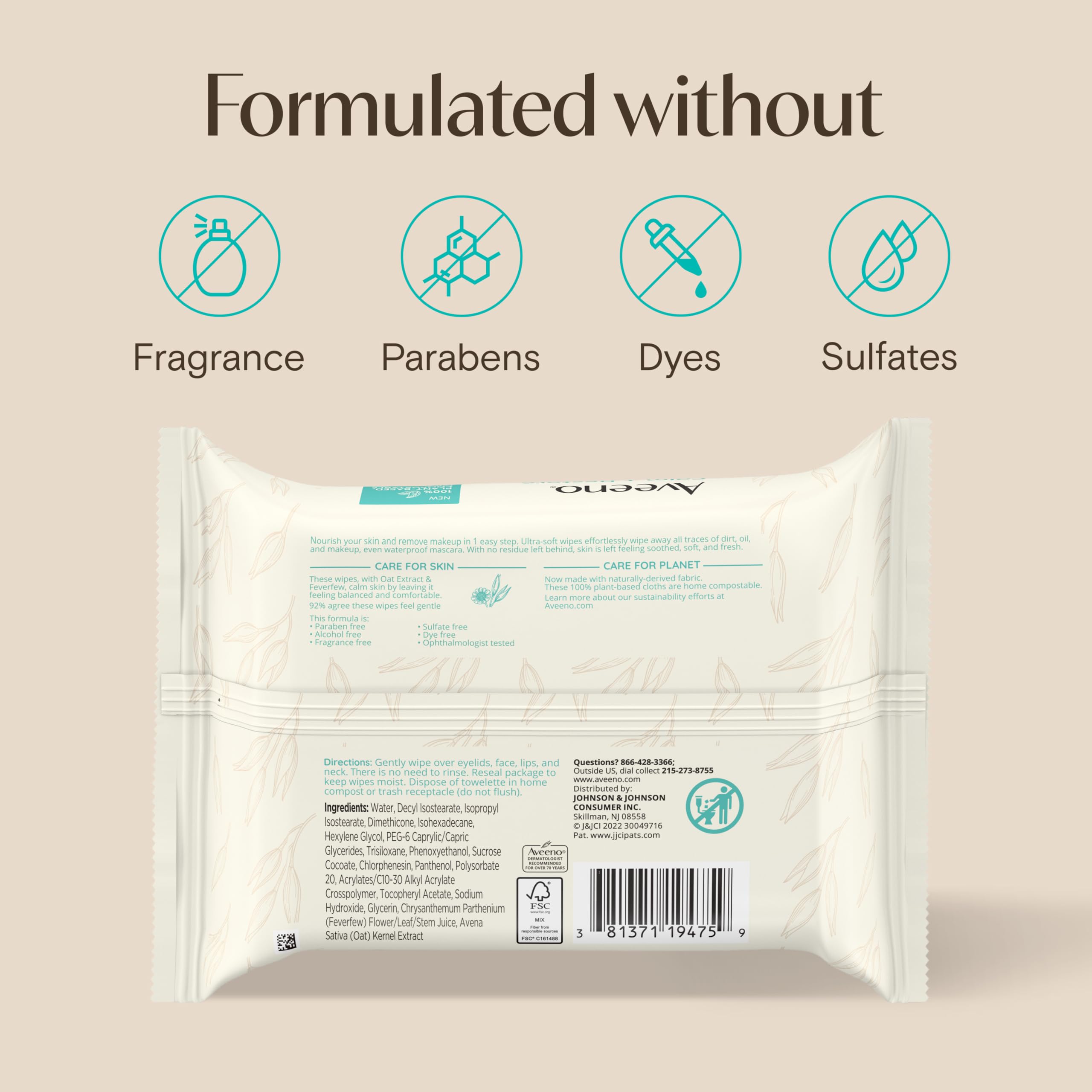 Aveeno Calm + Restore Unscented Makeup Remover Wipes, Alcohol-Free, 25 Ct