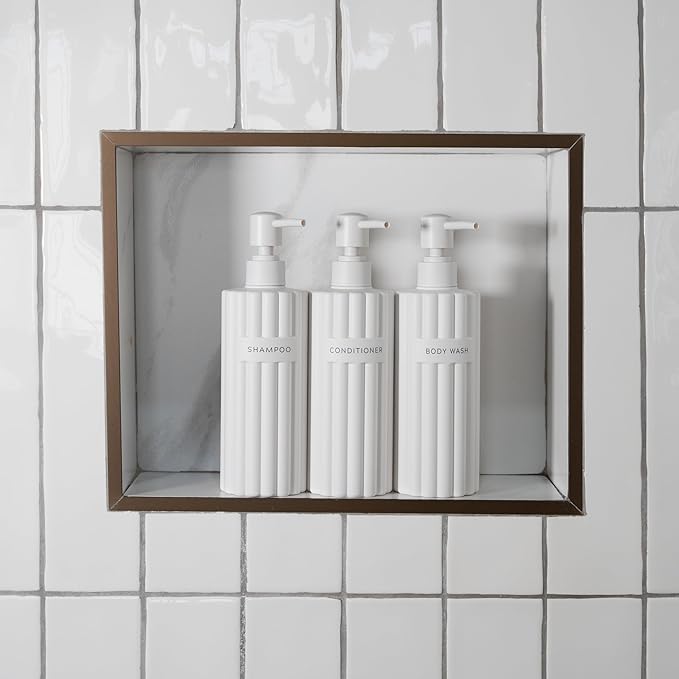 Stylish Shampoo and Conditioner Dispenser Set of 3 - Modern 19oz Shower Soap Bottles with Pump and Labels - Easy to Refill Body Wash Dispensers for an Instant Bathroom Decor Upgrade