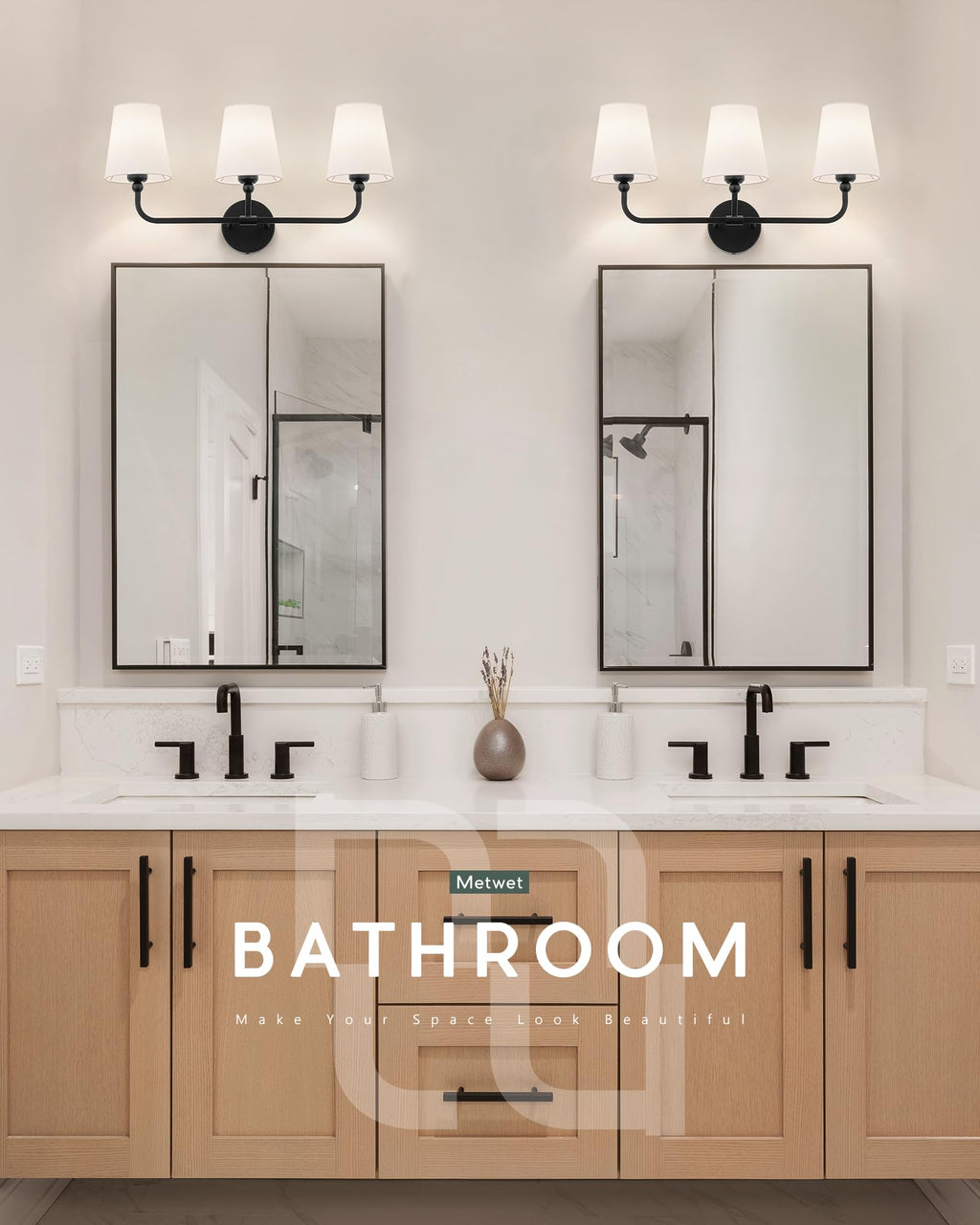 METWET Bathroom Light Fixtures, Matte Black Vanity Lights with Flared White Fabric Shade, 3 Light Wall Sconce, Modern Sconces Wall Lighting for Hallway Bedroom, VL837-MB-3