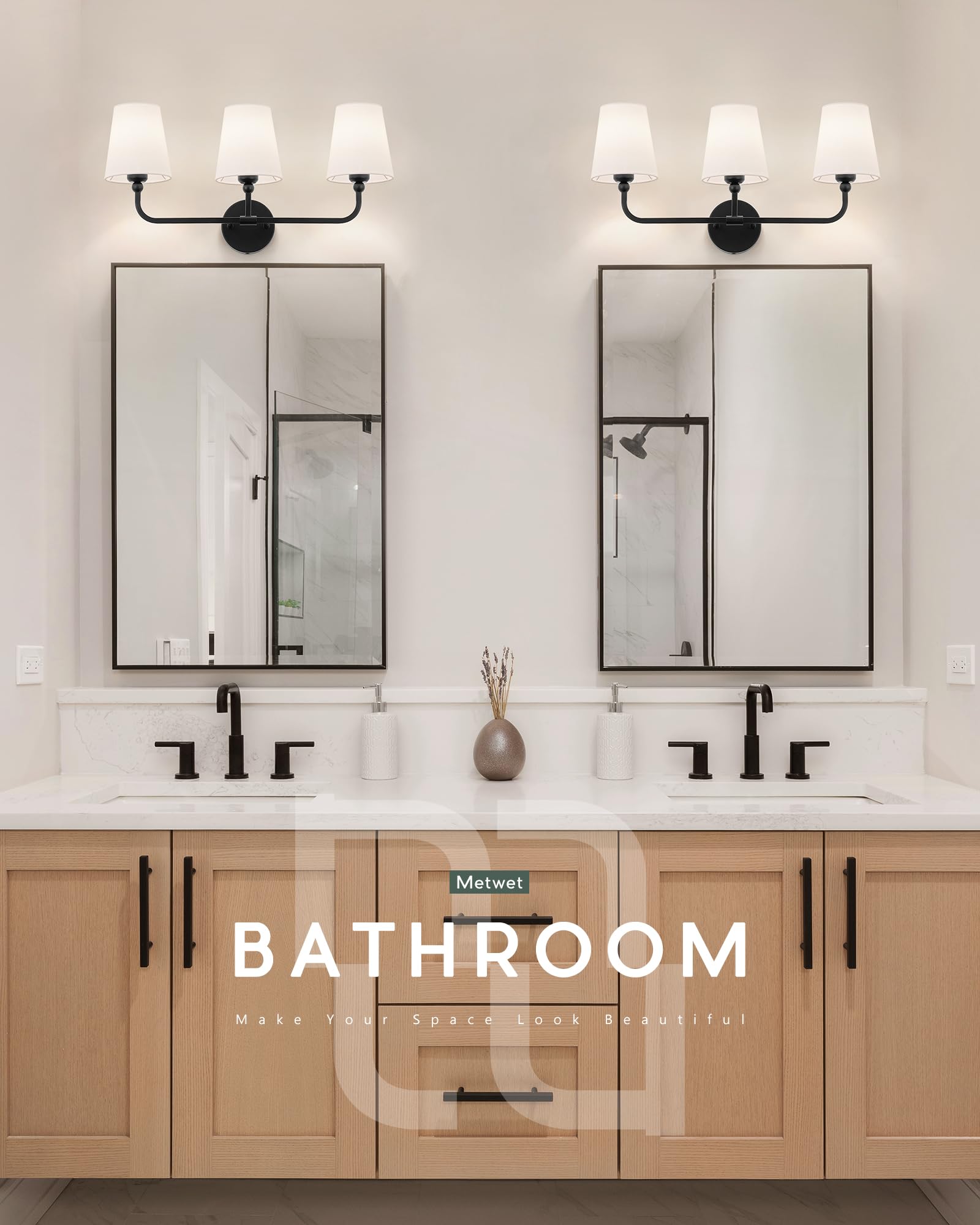 METWET Bathroom Light Fixtures, Matte Black Vanity Lights with Flared White Fabric Shade, 3 Light Wall Sconce, Modern Sconces Wall Lighting for Hallway Bedroom, VL837-MB-3