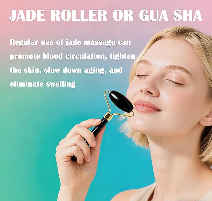 Jade Roller Gua Sha Tools – Nature Gua Sha Facial Tool Skin Tightening Face Massager Anti-Aging Jade Face Roller Puffiness Reducing Guasha Stone for Women Men (Black)