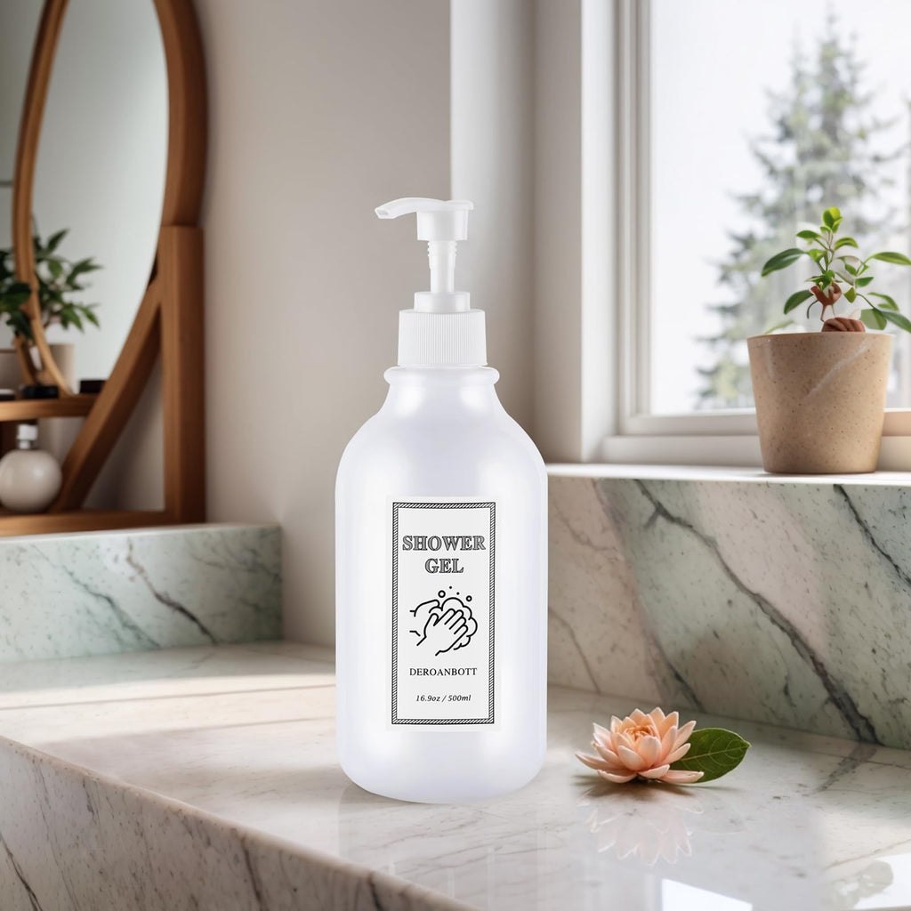 DEROANBOTT Shampoo and Conditioner Dispenser, Refillable Plastic Shampoo Pump Bottles with Waterproof Labels, Empty Body Wash Dispenser Set for Bathroom, Shower Soap Bottles (White)