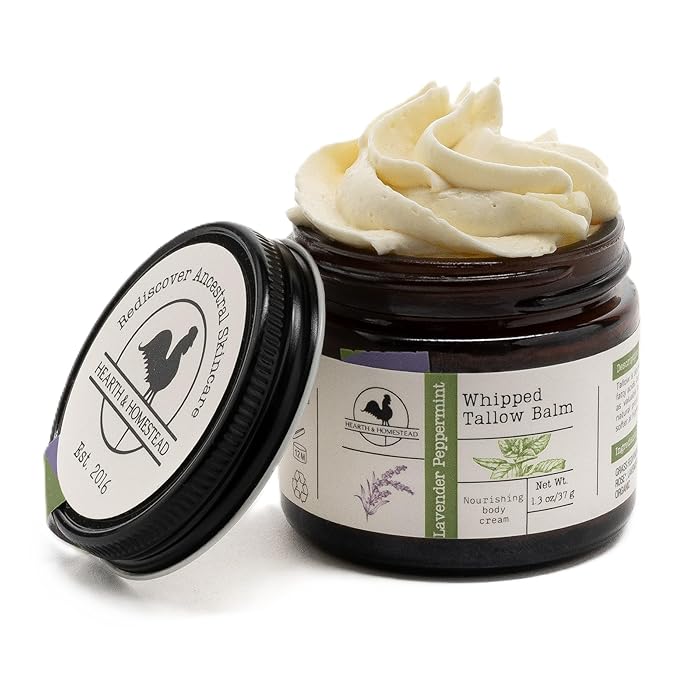 Hearth & Homestead Whipped Beef Tallow for Skin - 100% Grass Fed, Eczema Cream & Body Butter - Organic Olive Oil, Calendula & Rose - Lotion & Hand Moisturizer for Dry Skin, Lavender Peppermint, 1.3oz