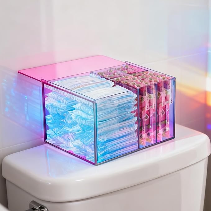 Tampon Storage Holder for Bathroom with Lid Rainbow Acrylic, Sanitary Napkin Holder, Feminine Pads Organizer Box with Removable Divider, Bathroom Accessories Box for Girl Stuff