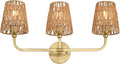 3-Light Bathroom Light Fixtures, Brushed Gold Rattan Vanity Lights with Flared Handwoven Shade, Boho Wall Sconce, Farmhouse Sconces Wall Lighting for Hallway Bedroom, VL837-BG-RA-3