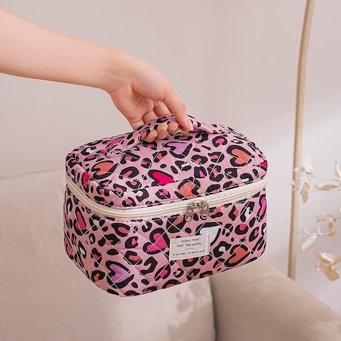 uekeboag Large Travel Quilted Makeup Bag for Women, Floral Cotton Cosmetic Bag, Coquette Aesthetic Floral Toiletry Organizer Bag(Pink Leopard