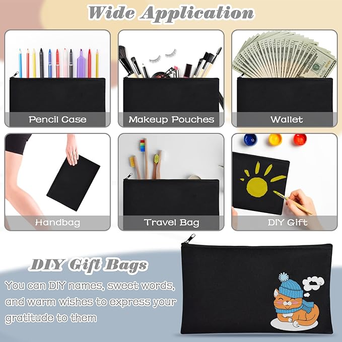ZeeDix 36 Packs Black Canvas Pouch- Multi-purpose Cosmetic Bag with Zipper, Blank DIY Craft Canvas Zipper Bag, Travel Toiletry Bag (8.3 x 5 inches)