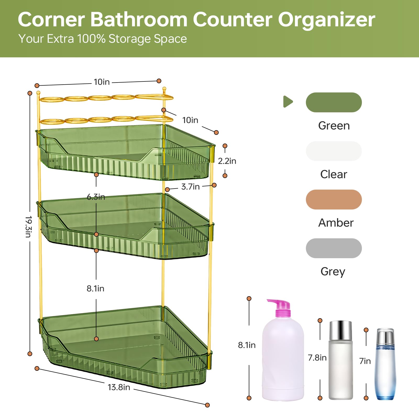 ZZWILLB Corner Bathroom Counter Organizer with Makeup Brush Holder & Toothbrush Holders, Makeup Organizer for Vanity Countertop, Acrylic Skincare Storage Shelf (Green, 3-Tier)