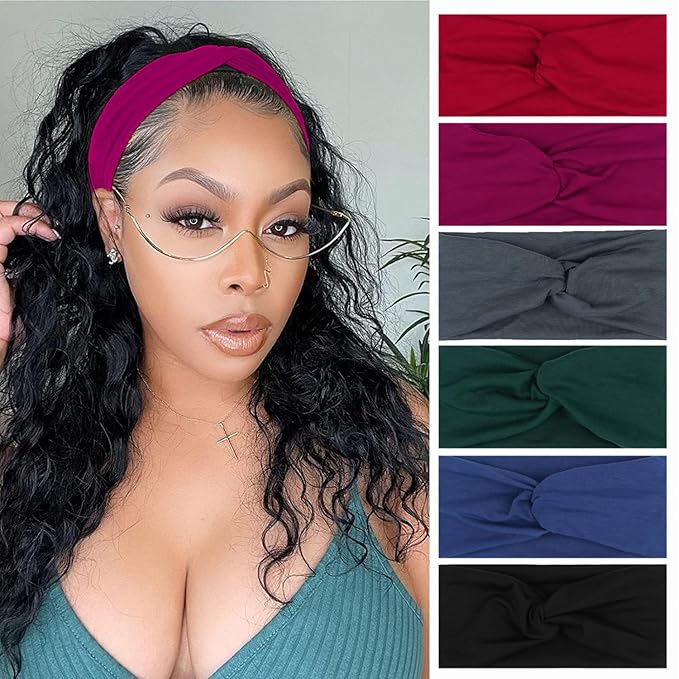 XTREND 6 Pcs Women's Headbands Twisted Cross Elastic Head Bands Yoga Workout Headband Non-Slip Sweat Soft Headbands Solid Color Simple Versatile Hair Accessory Hairbands