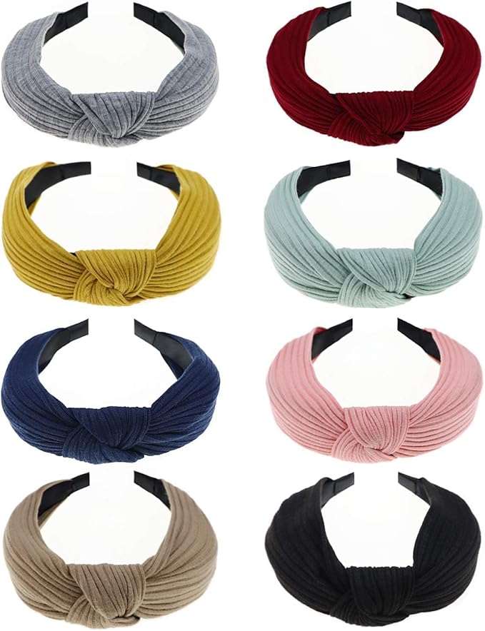 DRESHOW 8 Pack Knotted Headbands for Women Wide Turban Headband Yoga Exercise Ribbing Hair Hoop Hair Bands Accessories