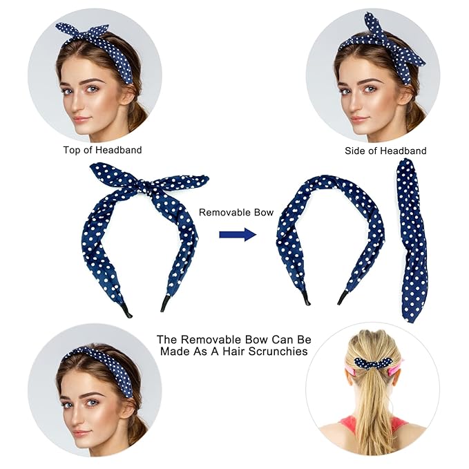 eyxformula 6 Pcs Colorful Headbands, Fashion Floral Polka Dot Stripe Bow Headbands Randomly, Lovely Ears Hairbands Knot Hair Bands Hair Accessories for Women, Girls