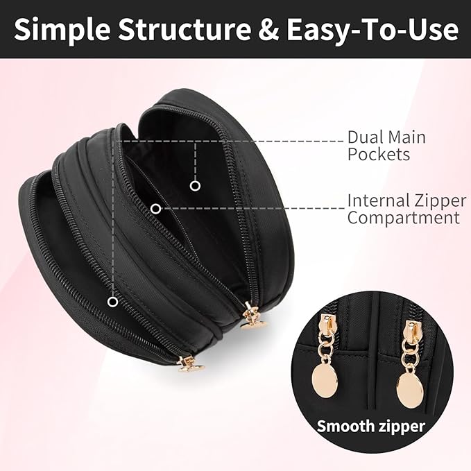 XIAOLER Small Makeup Pouch, Double Zipper Cosmetic Bag, Travel Makeup Bag, Cute Makeup Bag for Purse, Mini Toiletry Bag (Black)