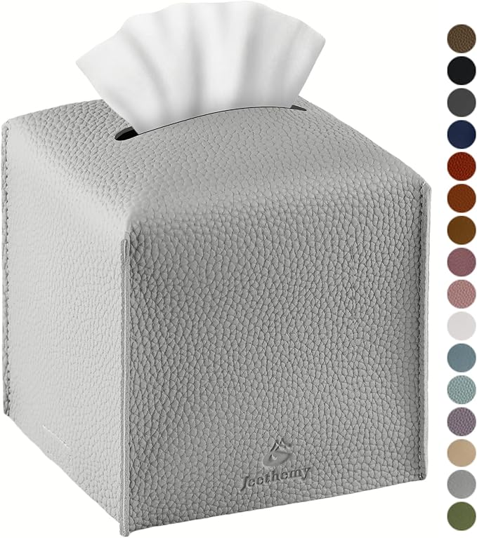Tissue Box Cover, Jeethemy Square PU Leather Tissue Box Holder, Modern Tissue Case Facial Paper Organizer Dispenser，5X5X5'',Single Light Grey