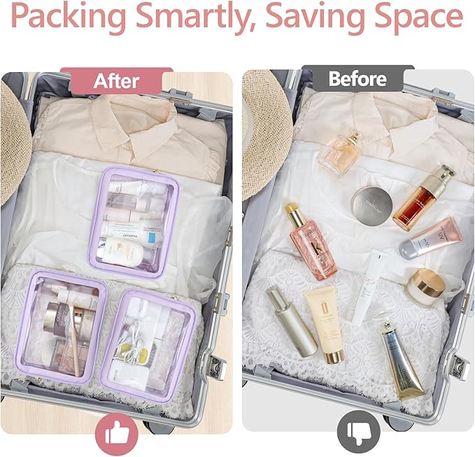 PACKISM Clear Makeup Bag Travel - 3 Pack TSA Approved Toiletry Bag, Purple
