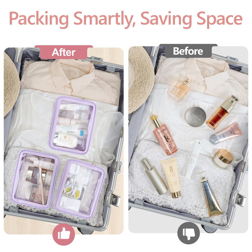 PACKISM Clear Makeup Bag Travel - 3 Pack TSA Approved Toiletry Bag, Purple