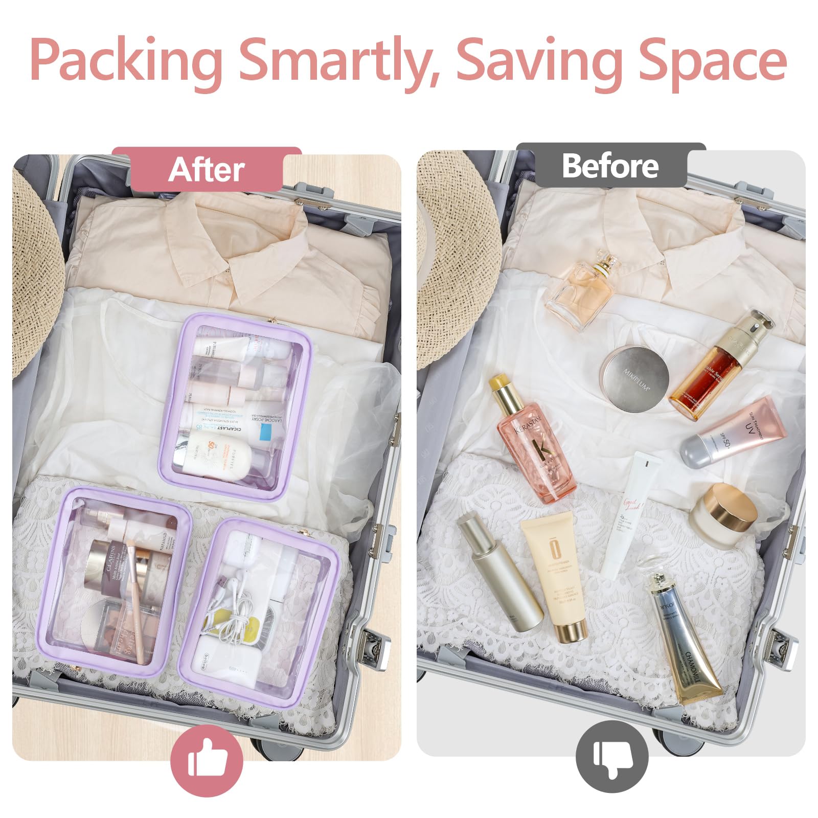 PACKISM Clear Makeup Bag Travel - 3 Pack TSA Approved Toiletry Bag, Purple