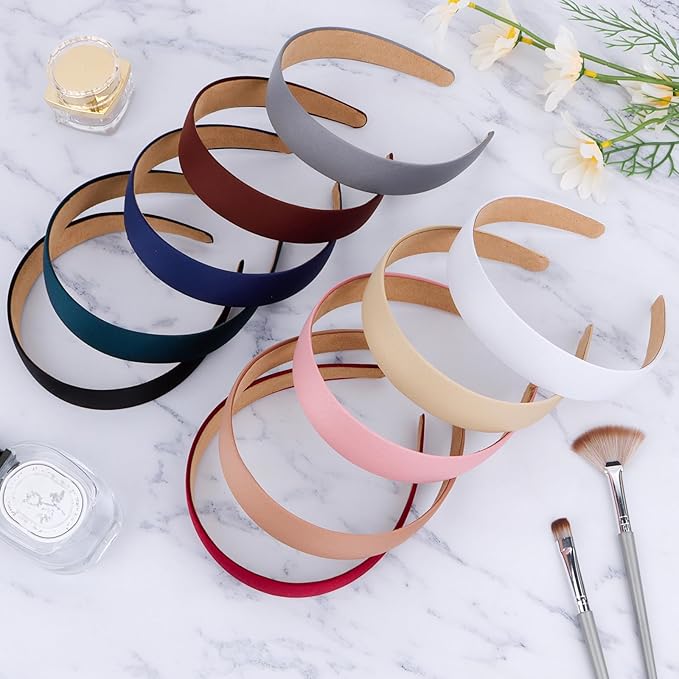 Wecoe 10 Pack Satin Headbands - 1.3 Inch Wide Assorted Colors (White, Blue, Pink, Red, Green, Brown, Khaki, Natural) Non-Slip Fashion Hair Accessories for Women, Girls & DIY Holiday Costumes