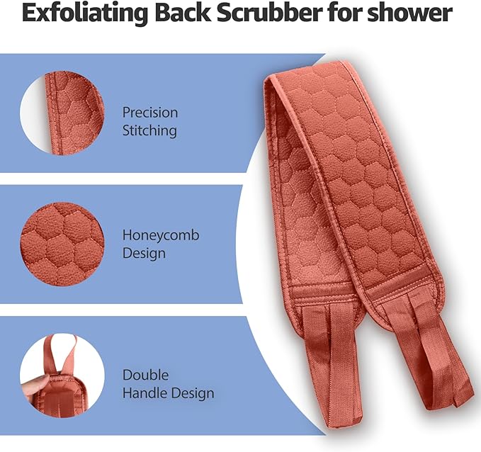 XNXA Back Scrubber for Shower with Handles, 40 Inch Extra Long Double-Sided Exfoliating Bath Strap, Textured Body Washer with Extended Reach for Deep Cleaning (Red)