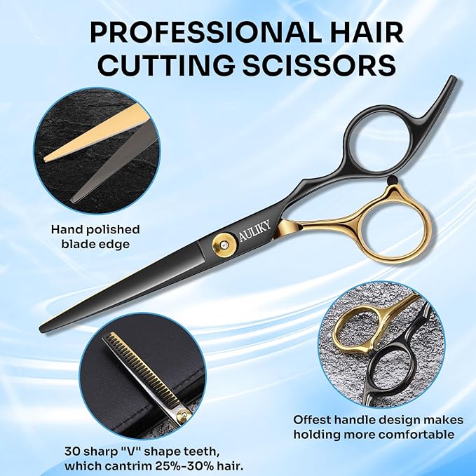 AULikY Hair Cutting Scissors Shears Kits, 15 Pcs Professional Stainless Steel Hairdressing Shears Set Thinning Scissors for Barber/Salon/Home/Men/Women/Kids/Adults