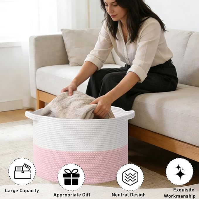 115L Large Blanket Basket,23.6" L x 23.6" W x 15.7" H Rope Woven Baskets with Handles, Toys Storage Bins,Laundry Basket Perfect for Living Room, Nursery,Bedroom,Home Organization,White&Pink