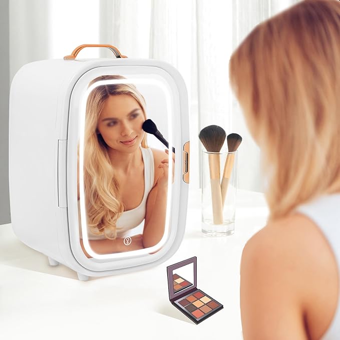 REHOUPTU Cosmetic Fridge with LED Mirror & Adjustable Shelves, 12V/110V Mini Skincare Refrigerator for Bedroom, Vanity, Office, 4 Gal, Gift for Women (White)