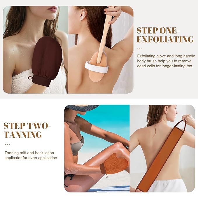 ÖkoStamm 4-in-1 Self Tanner Applicator Kit - Self Tanning Mitt with Long Handle Body Brush for Back Exfoliating and Streak-free Self Tan