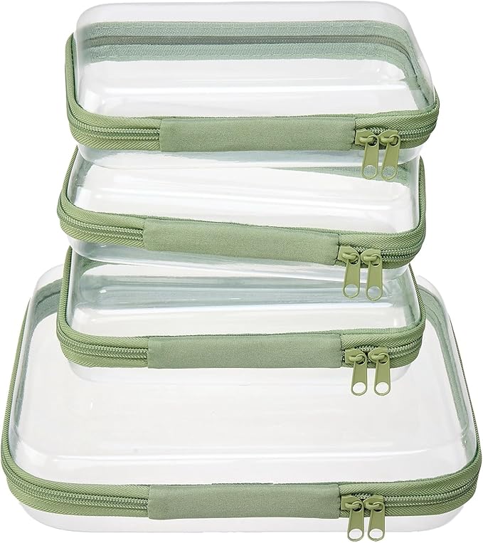 WELPIRT 4 pcs Clear Zipper Pouches,Hard Shell Zipper Case, Toiletry Bag for Travel, CLear Diaper Bag, Toiletry Pouch, Travel Organizer, Cosmetic Bag,Toy Storage Bins (M+3S) (Mint Green)