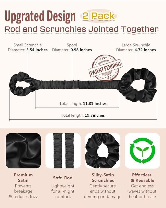 BONNET QUEEN 2 Pack Medium Satin Heatless Hair Curler for Medium to Long Thick Hair, Heatless Curls Overnight, Hair Curlers to Sleep In, Damage-Free Waves with Built-in Scrunchie, Black