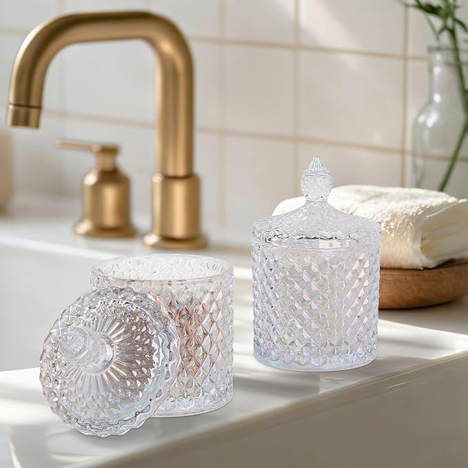 2 Pack Qtip Holder Apothecary Jars with Lid, Thick Glass, Iridescent Clear