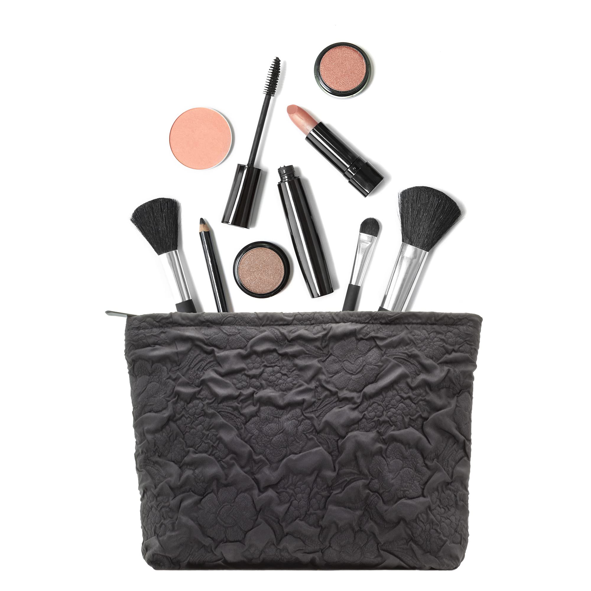 Flat Makeup Bag for Women,Zipper Cosmetic Pouch for Purse,Flower Black