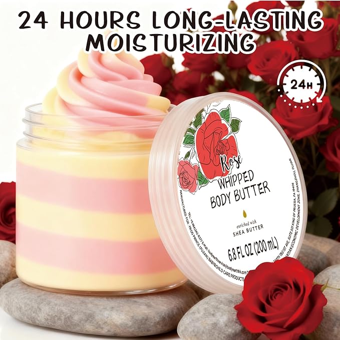 Embleaf Rose Whipped Body Butter, Shea Body Butter for Women Dry Skin, Natural Rose Lotion for Body Moisturizer-Deep Moisturizing and Softening-6.8 floz(200ml)