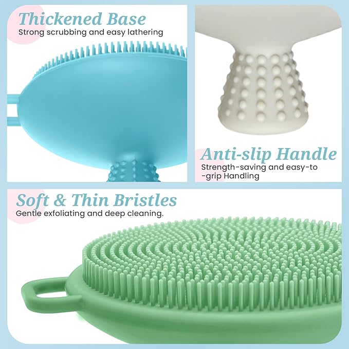 Silicone Face & Back Scrubber Set, Manual Face & Body Scrubber Exfoliator with Soft Bristles and Non-Slip Handle, Back Brush Bath Brush with 2 Detachable Brush Heads(3PCS Blue Set)